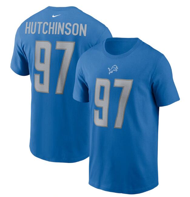 Men's Blue Detroit Lions #97 Aidan Hutchinson 2022 NFL Draft First Round Pick Player Name & Number T-Shirt